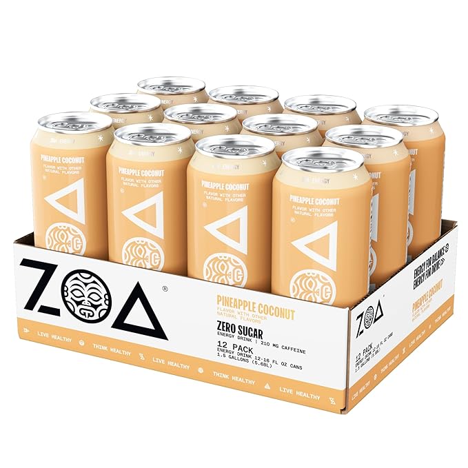 ZOA Zero Sugar Energy Drinks, Pineapple Coconut - Sugar Free with Electrolytes, Healthy Vitamin C, Amino Acids, Essential B-Vitamins, and Caffeine from Green Tea - 16 Fl Oz (12-Pack) - Bloomnest