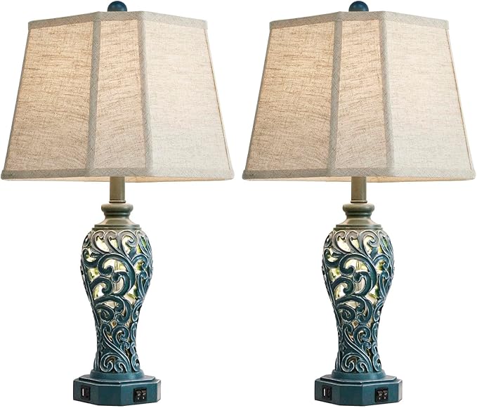 25'' Farmhouse Table Lamps Set of 2 for Living Room Bedroom, 2 USB Ports Coastal Vintage Table Lamp with Nightlight, Blue Green Hollow Out Resin Lamp for End Table (Bulbs Included) - Bloomnest