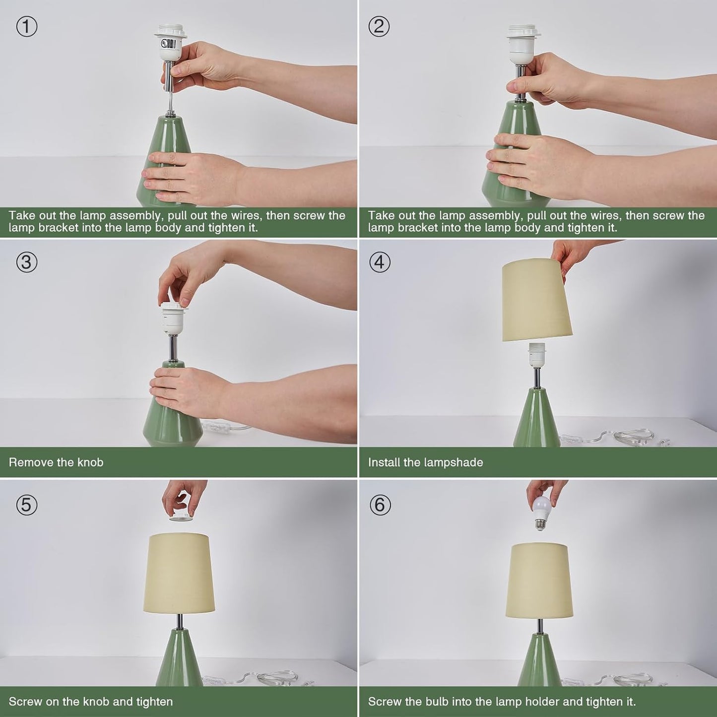 Small Bedside Table Lamp for Bedroom-Reading Desk Lamp Set of 2,with 3 Color Temperatures,15.5" Nightstand Ceramic Lamp with Fabric Shade for Kids Room,Living Room,Dorm,Home Office (Green)