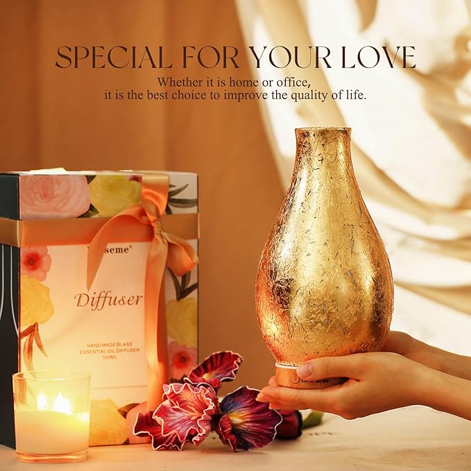 Porseme 100ml Gold-Plated Volcano Essential Oil Diffuser 3D Glass - Elegant and Effective Aromatherapy with 7 Color Changing LEDs and Waterless Auto-Off, BPA Free for Home Yoga Leisure SPA Gift Porseme