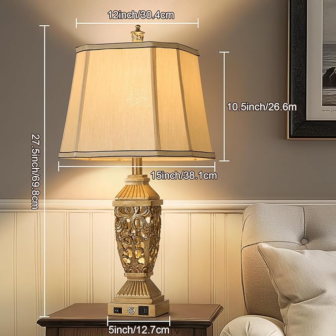 AIDENOEY 27.5“ Farmhouses Table Lamp with USB & USB-C Charging Ports, 3-Color Dimmable & Stepless Bottom Dimming, Touch Control & Switch, Vintage Bedside Lamp for Bedroom Living Room Office,(Brown) - Bloomnest