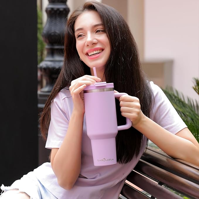 40oz Tumbler with Handle,Double Wall Vacuum Reusable Stainless Steel Insulated Water Bottle,With Leak Proof lid and Straw for Iced or Cold Beverages (Lavender Purple) - Bloomnest