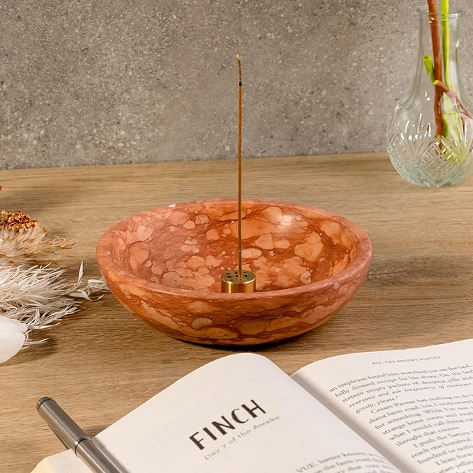 Koville Natural Marble Incense Holder, Incense Holder for Sticks with 9 Holes, Handmade Incense Burner Ash Catcher for Meditation Yoga SPA, Balsam Fir/Palo Santo/Sage/Cone (Red) - Bloomnest