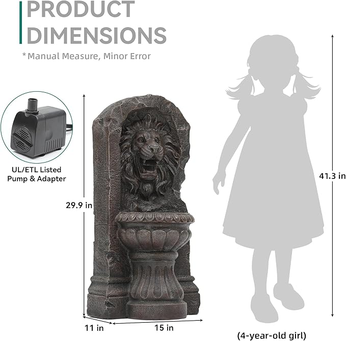 30in Outdoor Water Fountain with LED Lights, Majestic Bronze Lion Sculpture Garden Fountain, 2-Tier Pedestal Waterfalls, Durable Resin Water Feature for Yard, Patio or Porch Decor