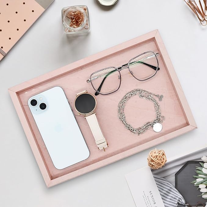 Real Natural Marble Tray for Bathroom, Vanity, Kitchen and Desktop, Rectangle Genuine Marble Stone Tray for Jewelry, Cosmetics, Candles, Lotion, Perfume and Home Decor