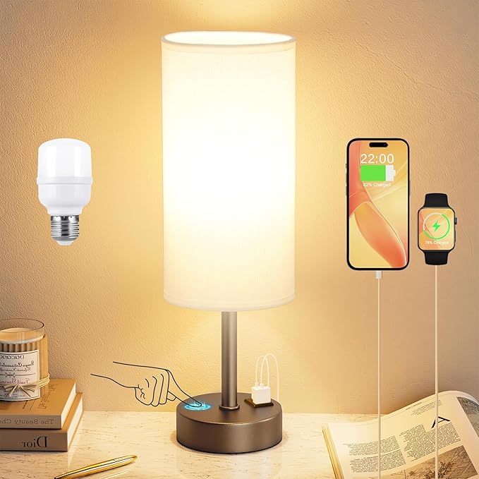 Bedside Touch Table Lamps for Bedroom Nightstand with USB-C USB-A Charging Ports, White & Brown 3 Way Dimmable Small Desk Lamp for Office, Living Room, Reading, Dorm - Bloomnest
