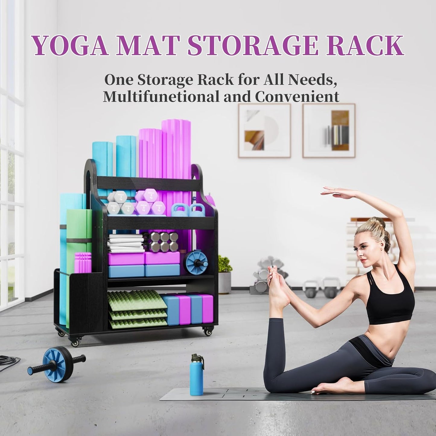 Weight Rack for Dumbbells, Home Gym Organizer Rack Yoga Mat Holder with Wheels and Hooks, All in One Workout Storage for Yoga Mat, Foam Roller, Gym Storage Storage for Home Exercise(Wood)
