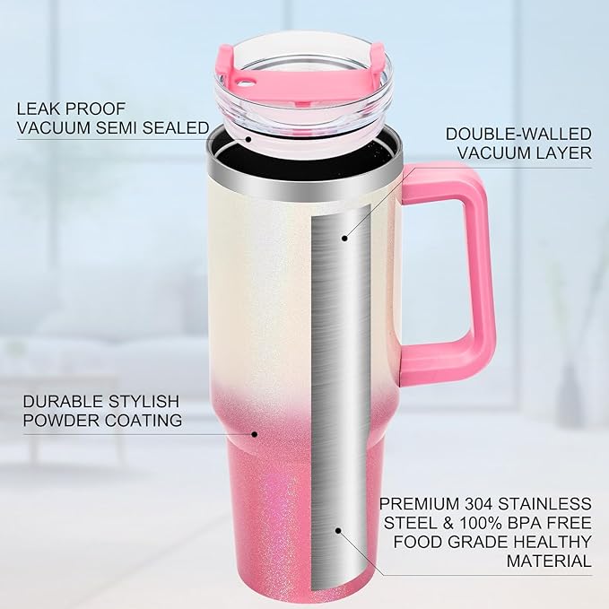 40 oz Tumbler with Handle and Flip Straw Lid, Vacuum Insulated Leak Proof Double Walled Stainless Steel Glitter Travel Mug Tumblers, Maintains Cold Ice and Heat for Hours(White Pink Gradient) - Bloomnest