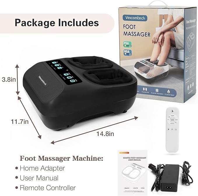 Shiatsu Foot Massager with Heat, Electric Foot Massager Machine for Plantar Fasciitis Neuropathy with Remote Control, Adjustable Vibration and Compression (Black)