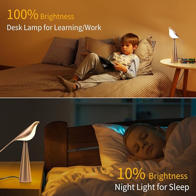 Small Desk Lamp, Bird Lamp, 10 Level Dimmable Brightness Bedside Night Light, Bedroom Table Lamp for Dorm, Office, Gifts, Reading, 3 Colors, Metal Finish, Gold, 360° Rotation - Bloomnest