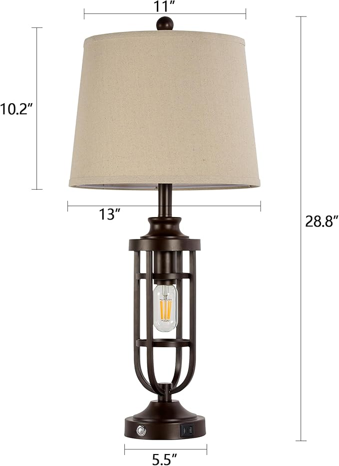 28.8" Farmhouse Table Lamps for Living Room Set of 2, 3-Way Dimmable Touch Lamps with USB Ports, Rustic Nightstand Lamps for Bedroom End Tables, Bulbs Included - Bloomnest