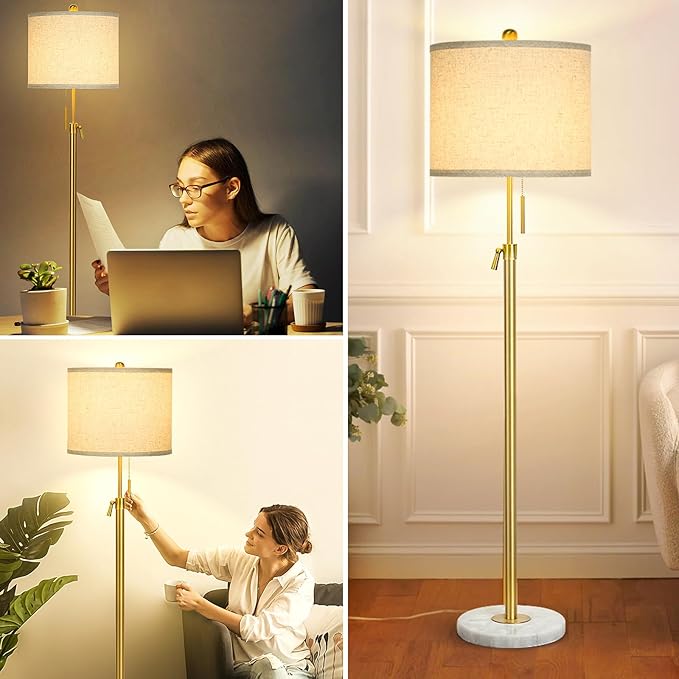 Modern Floor Lamp for Living Room, Adjustable Height Standing Lamp with Marble Base, Gold Tall Pole Light with Linen Shade for Reading Bedroom, Chain Switch, 8W 3-Way Dimmable Bulb Included - Bloomnest
