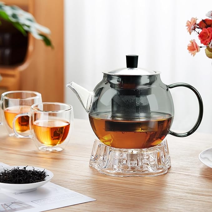 28OZ Glass Teapot with Infuser Stovetop Safe, 800ml Borosilicate Glass Kettle Tea Pot with Infusers tea infuser pot for loose leaf tea, tea Maker brewer, Dishwasher Safe, tetera para te(Dark Gery)