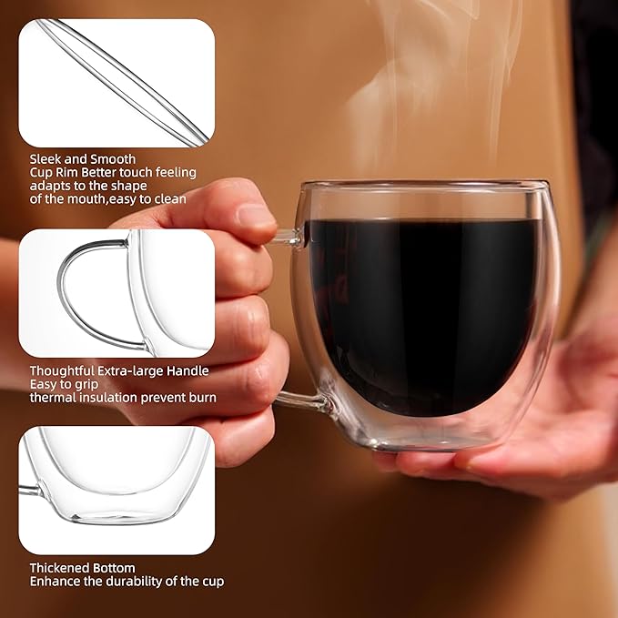 CNGLASS Double Walled Glass Coffee Mugs with Handle,12oz Insulated Glass Mugs with Handle,Clear Espresso Cups for Latte,Cappuccino,Tea Bag,Set of 2 - Bloomnest