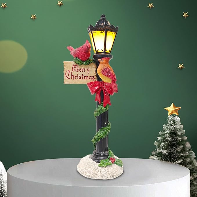 Red Cardinals on Christmas Lamp Post - Battery Powered LED Lighted Bird Sculpture - Holiday Home Decor Gift - Bloomnest