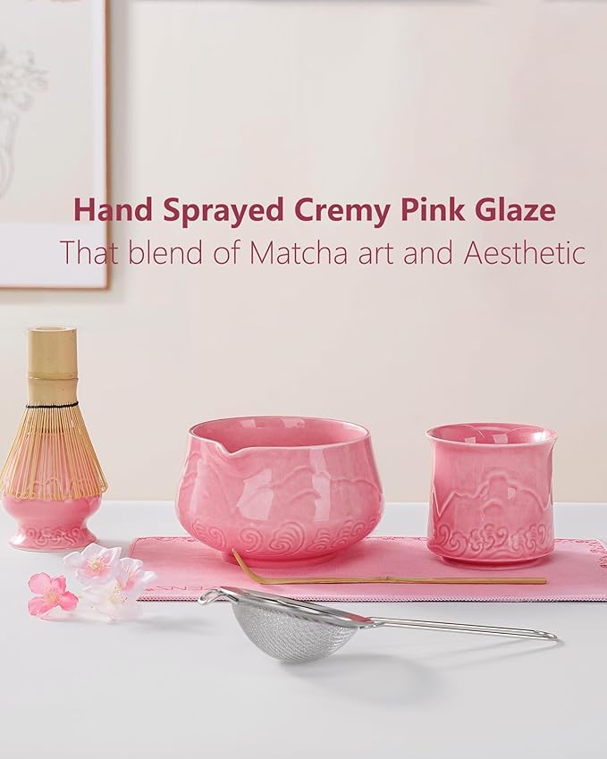ZENS 7pcs Matcha Set, Matcha Whisk Set Includes Pink Bowl and Cup for Bamboo Whisk, (Chasen Holder), Scoop, 304 Sifter and Tea Mat, Pink Matcha Kit for Matcha Lovers - Bloomnest