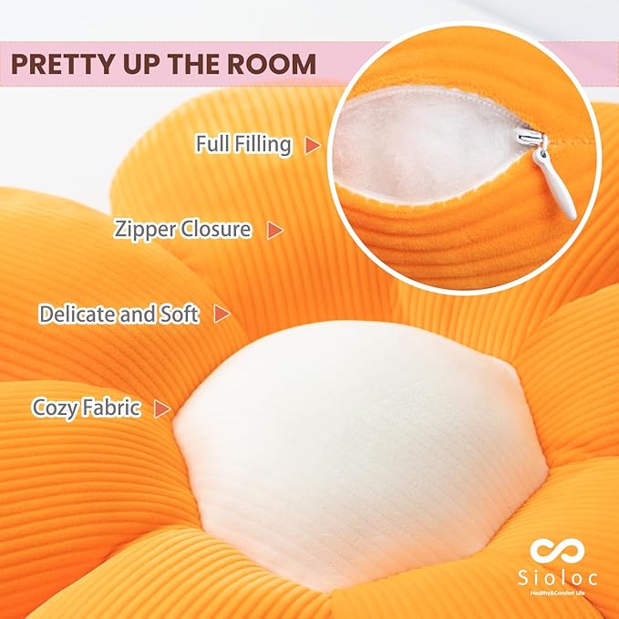 Sioloc Flower Pillow,Flower Shaped Throw Pillow Butt Cushion Flower Floor Pillow,Seating Cushion,Cute Room Decor & Plush Pillow for Bedroom Sofa Chair(Orange,23.6") - Bloomnest