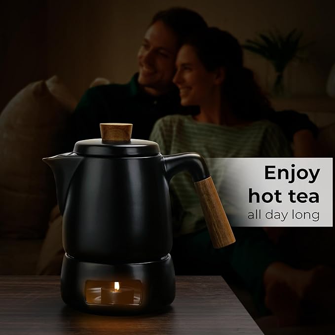 MIAMIO - Teapot Set with Warmer / 34 oz Tea Kettle with Infuser for Steeping Loose Tea Leaves - Gift for Women/Tea Lovers (Black) - Bloomnest
