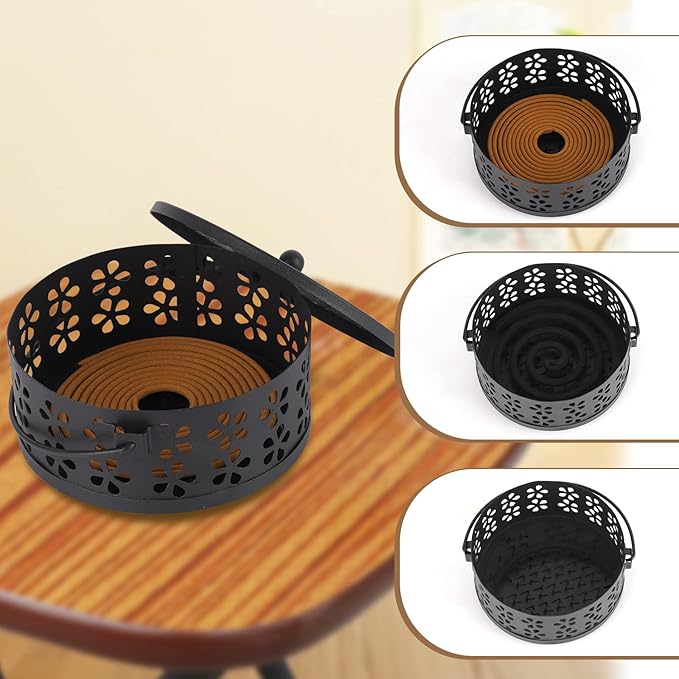 Portable Iron Mosquito Coil Holder with Handle Round Heat-Resistant Incense Holder for Home Office Camping (2Pack Black) - Bloomnest