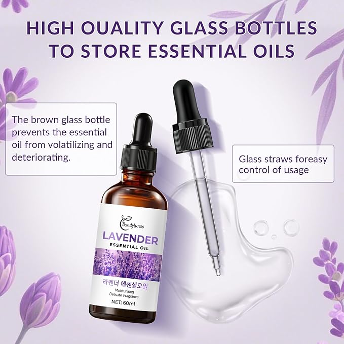 Lavender Essential Oil - 100% Pure & Natural Therapeutic Grade for Aromatherapy Diffuser, Skin & Hair Care - Relaxing & Calming Scent for Sleep Support - Large 60 mL Glass Bottle with Dropper OKADY