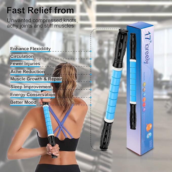 iGreely Premium Muscle Roller The Ultimate Massage Roller Stick 17 Inches Recommended by Physical Therapists Promotes Recovery Fast Relief for Cramps Soreness Tight Muscles Blue - Bloomnest