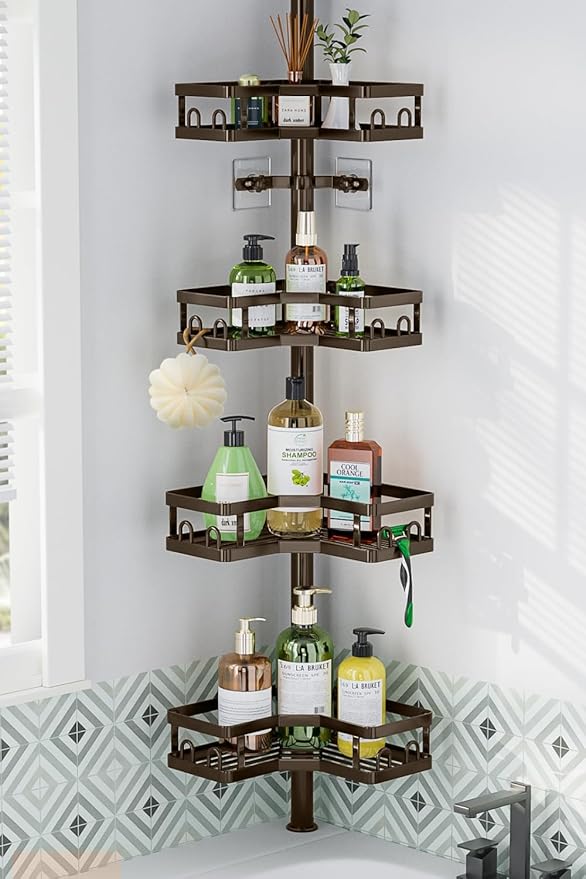 HEVEL Corner Shower Caddy Tension Pole, 4 Tier Adjustable Shower Organizer Corner 62-115 Inch, Rustproof Bathroom Shower Shelves for Bathtub Storage,Bronze - Bloomnest