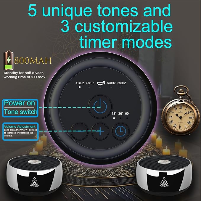 Sound Frequency Instruments, Meditation Tone TWS Machine- Solfeggio Bath Device for Yoga, Mindfulness, Singing Therapy System of Chakra Relaxation and Stress 5 Tones, 3 Timer Modes PUVIDJUTMEDITATIONMACHINE