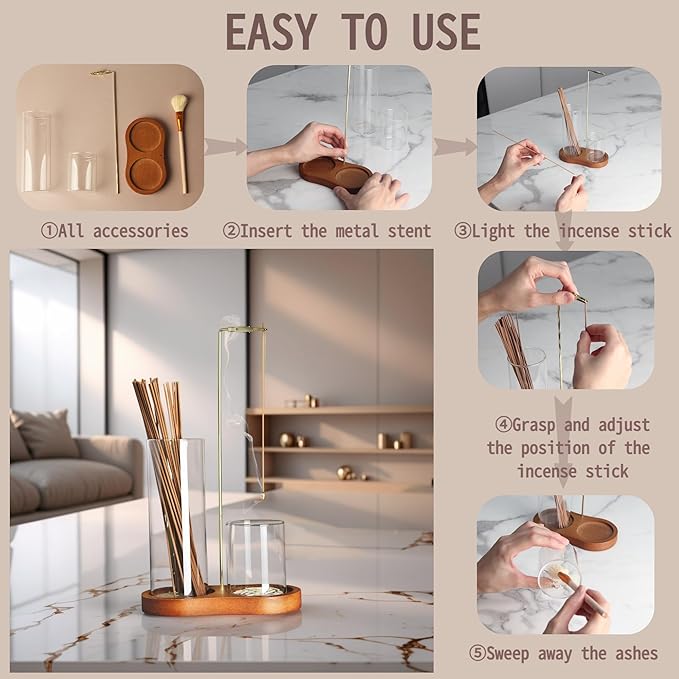 2 in 1 Incense Holder for Sticks with Glass Ash Catcher, Anti-ash Incense Burner for Yoga Meditation Spa Room Decor, Includes Ash Brush - Bloomnest