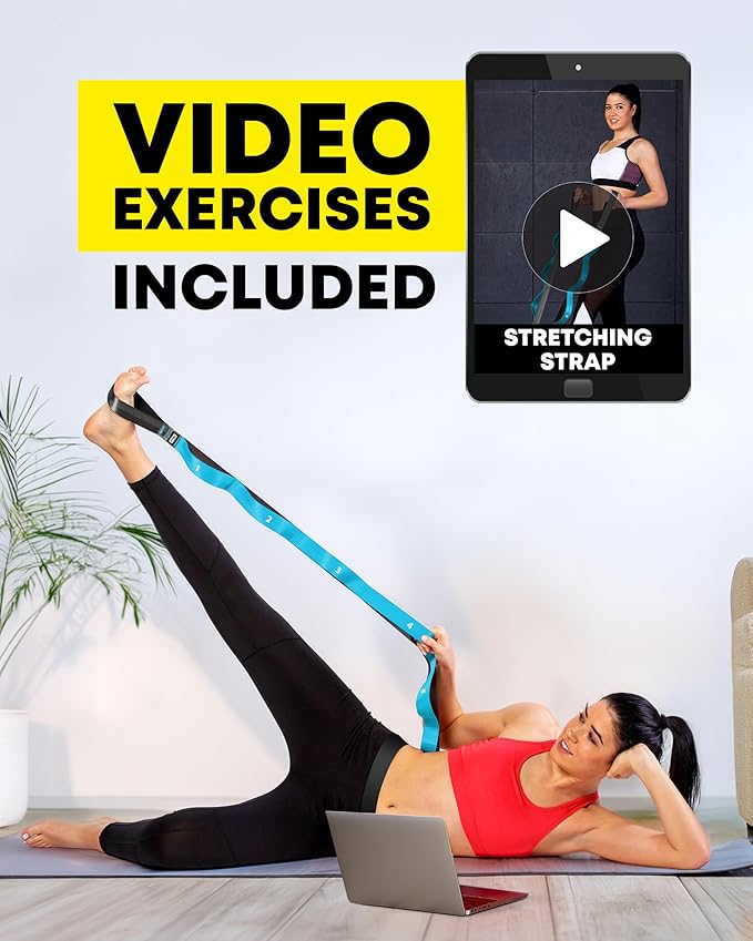 Stretching Strap with Loops - Non Elastic Stretch Band for Physical Therapy, Yoga Strap for Stretching Equipment, Stretch Bands for Exercise and Flexibility - Fascia, Hamstring & Leg Stretcher Belt - Bloomnest