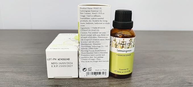 Lemongrass Essential Oil 1.01fl.oz/30ml, PHATOIL Lemongrass Oils Long Lasting Scents for Aromatherapy, Diffuser, DIY Soap and Candle Making PHATOIL