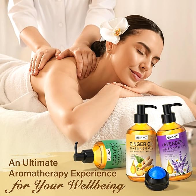 3 Pack Massage Oil for Massage Therapy,Ginger for Lymphatic Drainage, Lavender for Relaxation, Eucalyptus Mint for Muscle Relief | Massage Therapy & Date Night Spa Gift with Massage Ball for Him & Her - Bloomnest