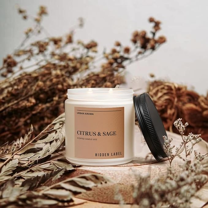 Hidden Label Citrus Sage Scented Candle, 12oz 2 Wick Natural Soy Non Toxic Candles, Clean Burning Long Lasting Aromatherapy for Home | Gifts | Décor,Premium Scents for Relaxation & Stress Relief - Bloomnest