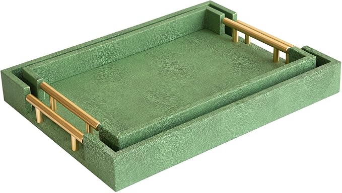 Decorative Tray Set of 2, Green Shagreen Leather Tray, Modern Elegant Rectangle Serving Trays with Gold Polished Metal Handles, Ottoman Trays Coffee Table Perfume Kitchen Home Decor - Bloomnest