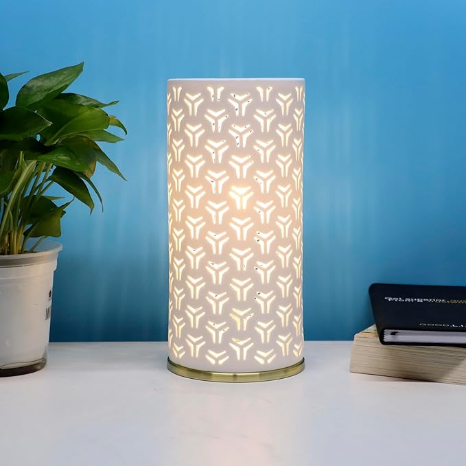 Small Modern Ceramics Bedside Table Lamp, 4.5 x 4.5 x 9.75 Inch White Triangle Style Nightstand Lamps, Side Table Lamps for Bedroom Living Room Entryway Table Light - Bloomnest