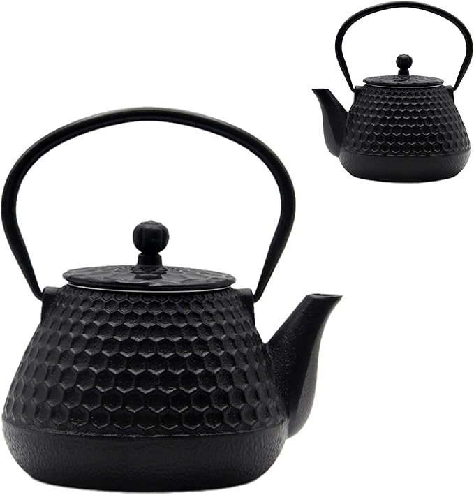 20.3oz Small Cast Iron Teapot, SECHUDO Cast Iron Tea Kettle for Stovetop Safe Coated with Enameled Interior, Cast Iron Tea Pot with Stainless Steel Infuser for Loose Tea (Black Honeycomb Pattern) - Bloomnest