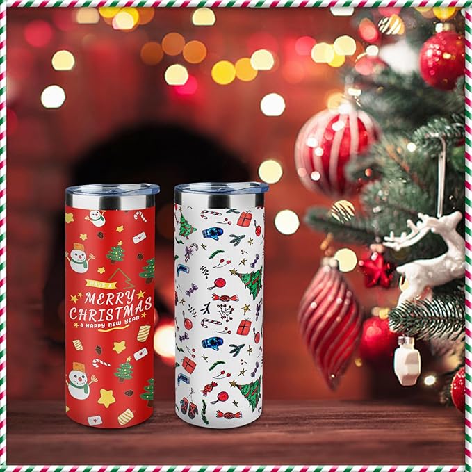 20oz Christmas Skinny Tumbler with Lid and Straw,Stainless Steel Vacuum Insulated Tumbler Cup Double Wall Travel Coffee Mug Christmas Gifts for Women Men(Xmas Elements,2) - Bloomnest