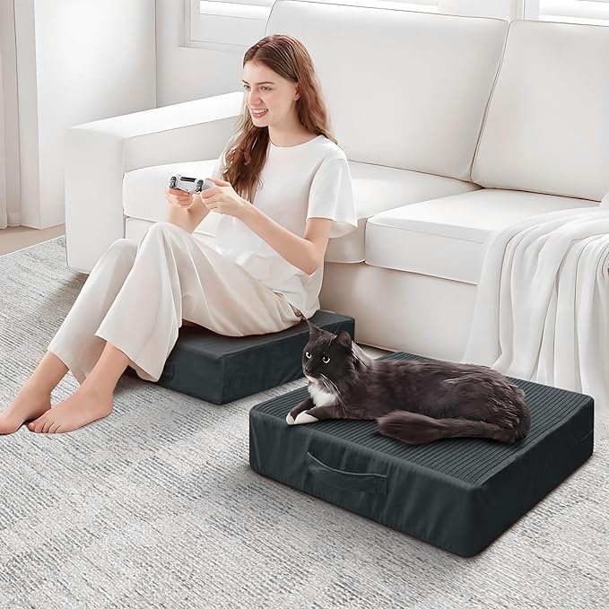 Large Floor Pillows for Adults, Thick Meditation Floor Cushions for Sitting Yoga, 22x22x5 Foam Seat Cushions Set of 2 for Furniture, Floor Pillow with Pleated Velvet Removable Cover, Grey - Bloomnest