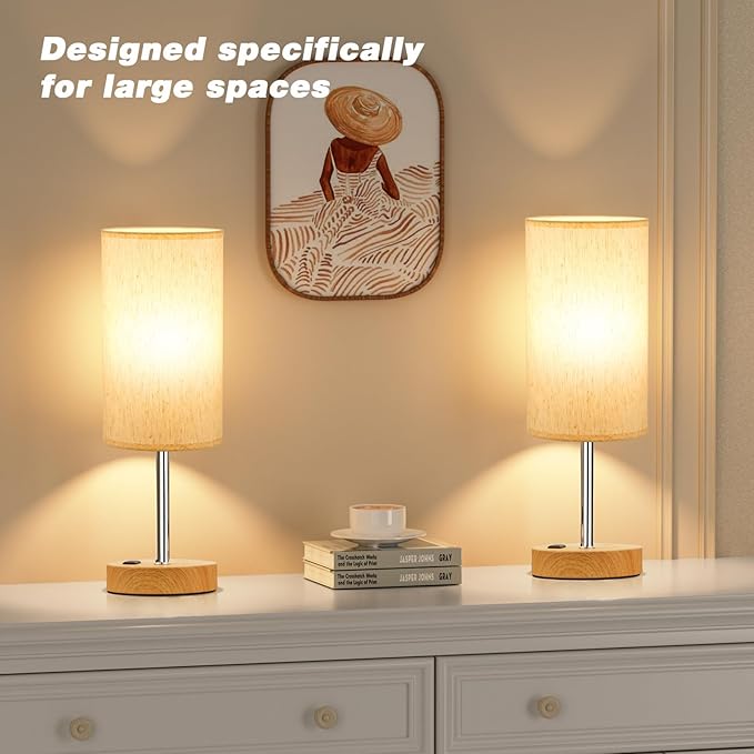 Fenmzee Touch Table Lamp - Cream, 3-Way Dimmable, USB A + C Charging, AC Outlet, 17.4inch Medium, Wood Grain Base - Bloomnest