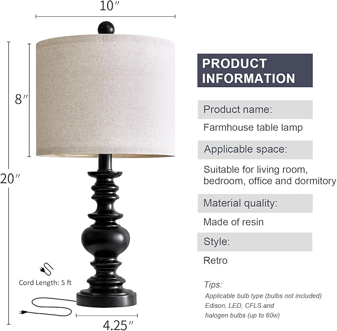 BOBOMOMO 20" Table Lamp Set of 2 for Bedroom Living Room Vintage Rustic Traditional Nightstand Bedside Lamps(Suitable for Decorating Small Areas) - Bloomnest