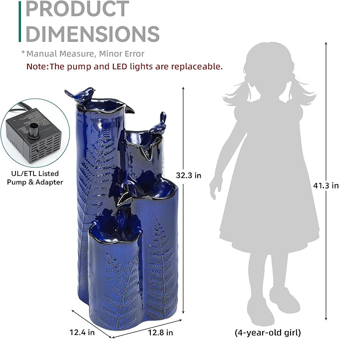 32" H Ceramic Outdoor Water Fountain with LED Lights, 4-Tier Vase Outdoor Fountain, Cobalt Blue Glaze, Embossed Fern Pattern, Cascading Waterfall for Tranquil Garden, Patio, or Porch - Bloomnest