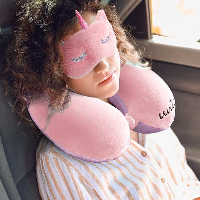 Neck Travel Pillow for Kids, Unicorn Airplane Memory Foam Pillow with Cute Sleep Mask & Earplugs, Lightweight Travelling Sleeping Pillow Set for Car, Train, Bus and Home Use (Pink) - Bloomnest