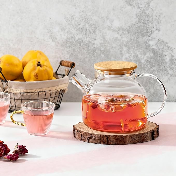 PARACITY Glass Teapot Stovetop 34oz/1000ml, Borosilicate Clear Tea Kettle with Removable 18/8 Stainless Steel Infuser,Glass Tea Kettle with Wooden Lid, Teapot for Loose Leaf Tea Fruit Tea Fragrant Tea - Bloomnest
