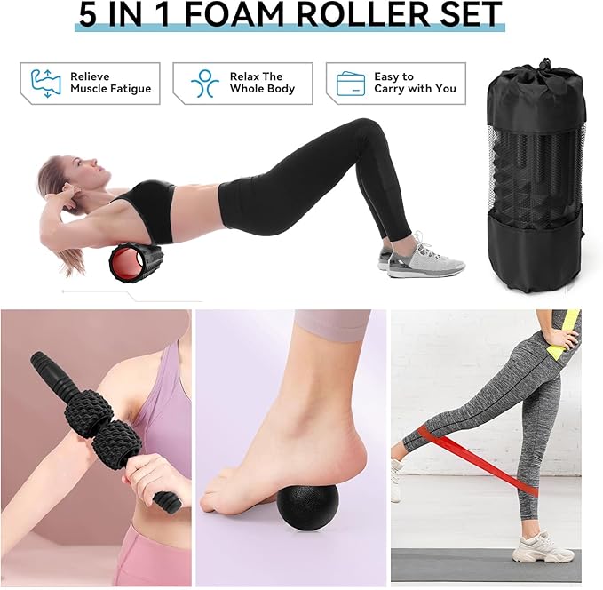 5 in 1 Foam Roller Set, High Density Fitness Exercise Foam Roller for Deep Tissue Muscle Massage, Massage Roller, Massage Ball, Resistance Band, for Whole Body(Black) - Bloomnest