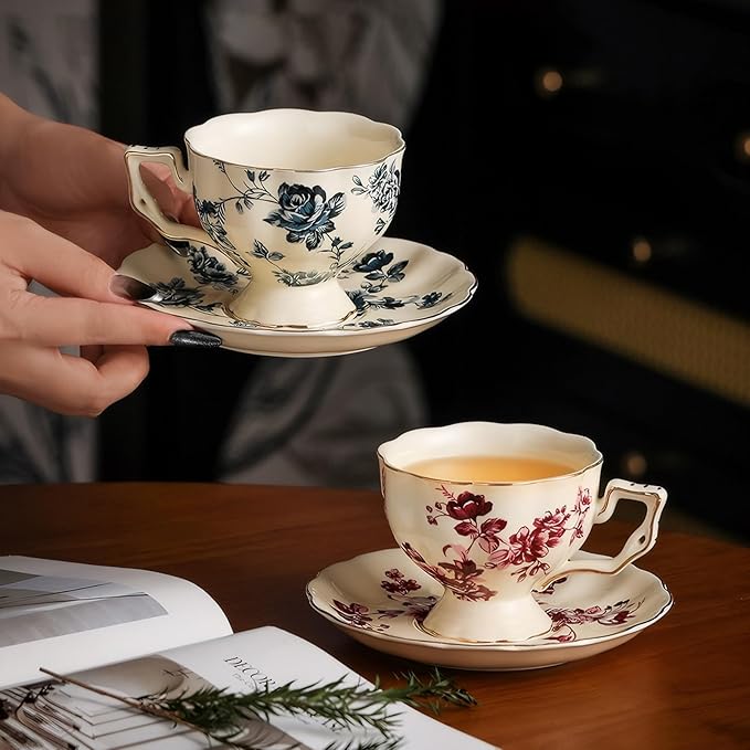 KAMMAK Tea Cups and Saucers Set of 2, Porcelain Coffee Cups, 7-Ounce Stackable Espresso Mugs, Ceramic Demitasse for Coffee, Latte, Americano, Tea, Red Orchid - Bloomnest