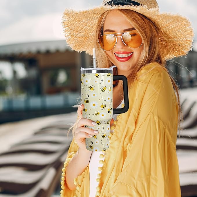 Ceovfoi Bee Gifts, 40oz Tumbler With Handle, Lid and Straw - Queen Coffee Mug, Skinny Water Bottle - Honey Themed Gifts for Women, Daisy Flowers Decor - Bloomnest