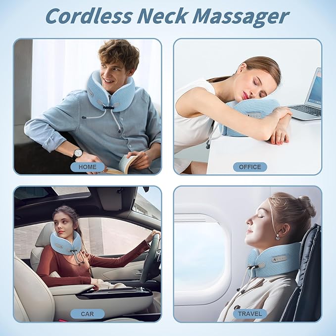 Electric Neck Massager,Portable Travel Pillow with Massage and Heat,Rechargeable Vibrating Neck Pillow Massager,Perfect for Pain Relief at Home, Office,Travel,Fathers Day Gift Ideas(Blue) - Bloomnest