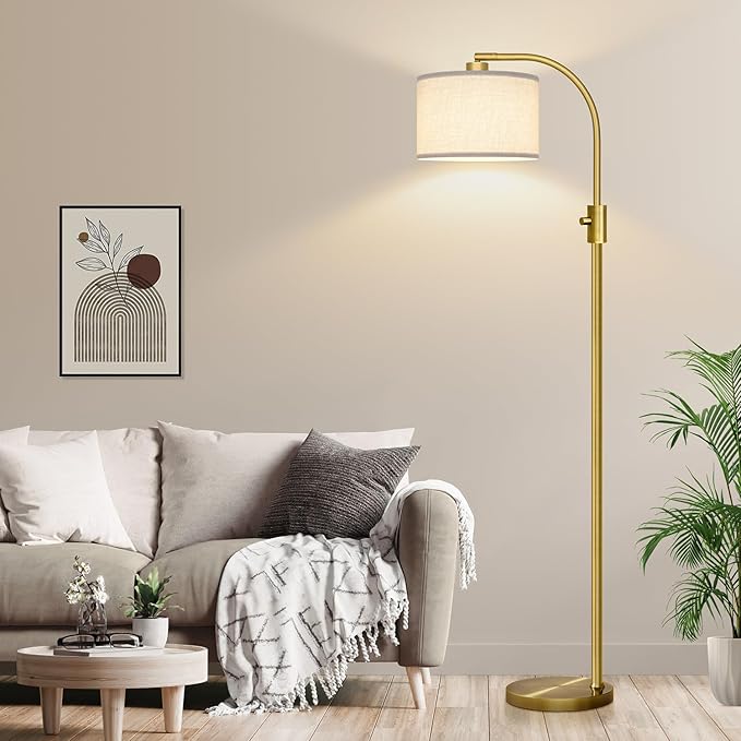 Brass Arc Floor Lamp - Dimmable LED with White Shade for Living Room, Bedroom, Office & More - Bloomnest
