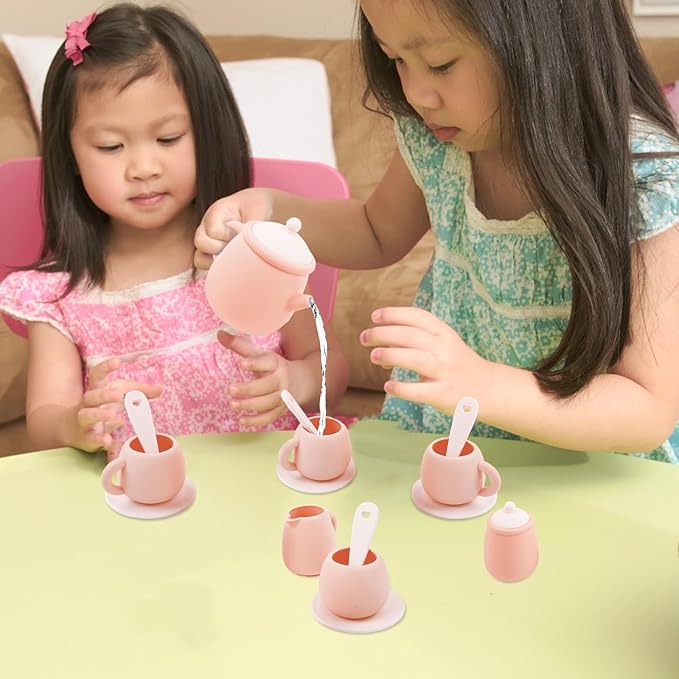 MCGMITT Silicone Tea Party Set, Toy Tea Set for Toddlers Kids, Includes Teapot, 4 Tea Cup and Coasters, Creamer, Sugar Bowl, 4 Spoon, Dishwasher Safe Pretend Teapot Set for Girls Boys Birthday Gifts