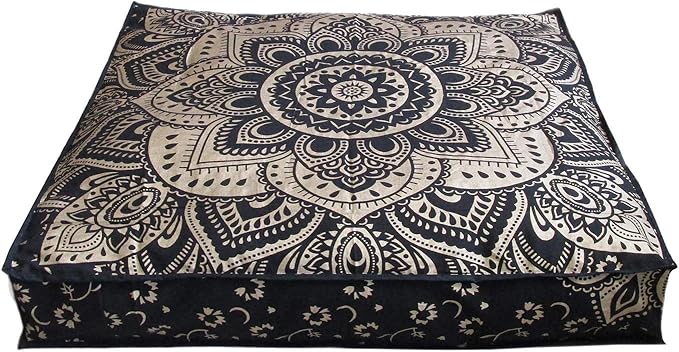 24" Black Gold Flower Mandala Barmeri Large Floor Pillow Cover Cushion Meditation Seating Ottoman Throw Cover Hippie Decorative Zipped Bohemian Pouf Ottoman Pom Pom Cases 24 " square - Bloomnest
