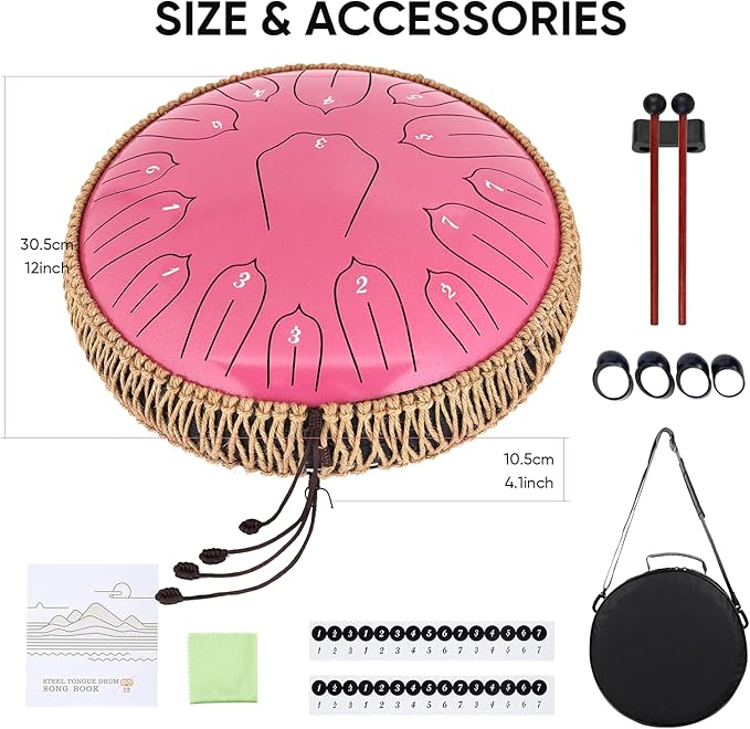 Steel Tongue Drum 12 Inch 15 Notes: Handpan Drums Set with Music Book Mallets Carry Bag - Hand Pan Instrument for Adults Musical Education Meditation Yoga Chakra(Pink) - Bloomnest